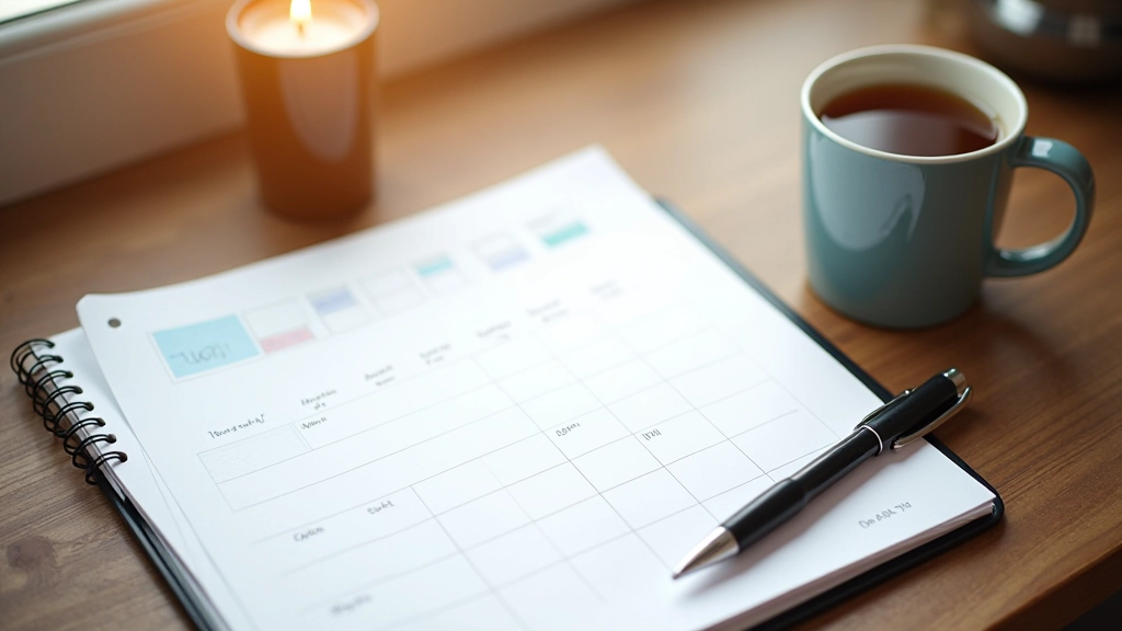 Kalender met meditatie schema, pen en kopje thee op houten tafel
