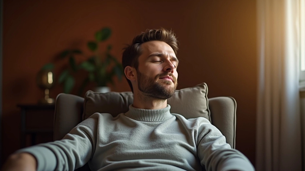 Man zit ontspannen in comfortabele stoel met ogen gesloten in rustige woonkamer met warm licht