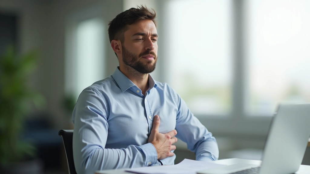 Man aan houten bureau met gesloten ogen voert diepe ademhalingsoefening uit