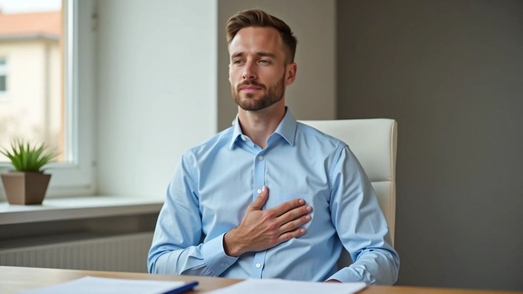Man doet ademhalingsoefeningen aan houten bureau in stille werkplek