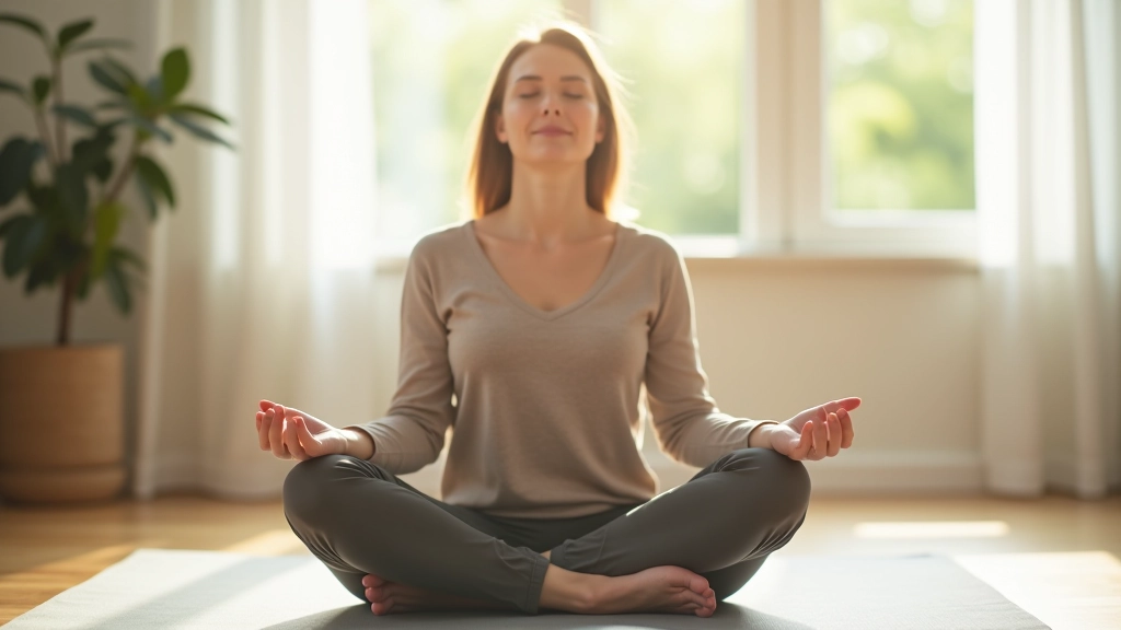 Persoon zit in comfortabele houding op yoga mat met gesloten ogen en rustige gezichtsuitdrukking