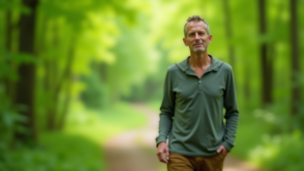 Persoon wandelt in groene natuur tussen bomen met vredige uitdrukking