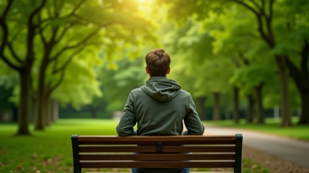 Persoon zit op een houten bankje in een park, kijkt rustig naar bomen, middag