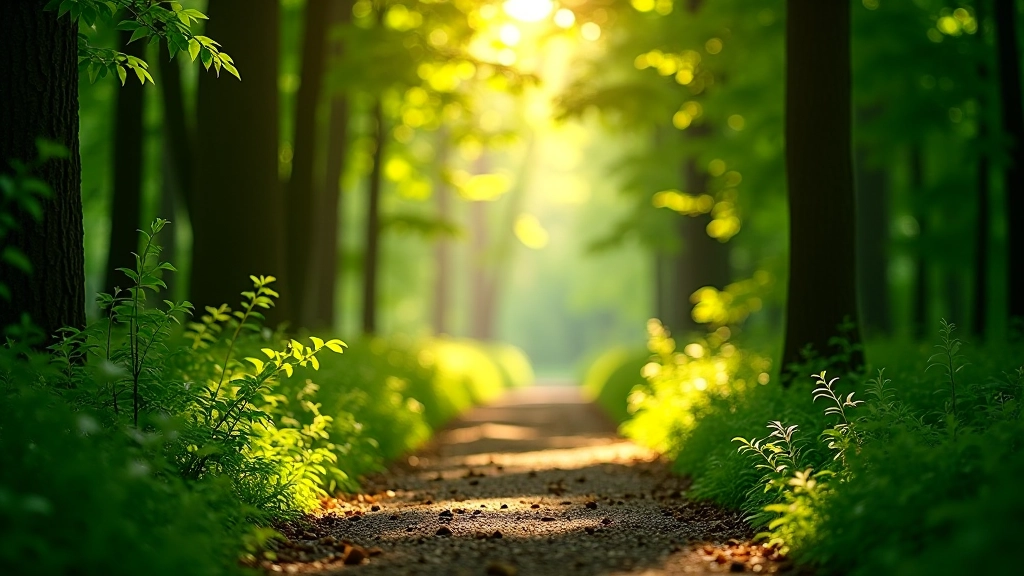 Serene bospad met zonlicht dat door de bladeren filtert, groene tonen