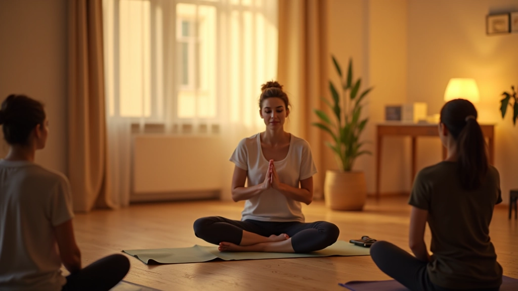 Trainer begeleidt ontspanningssessie in groep
