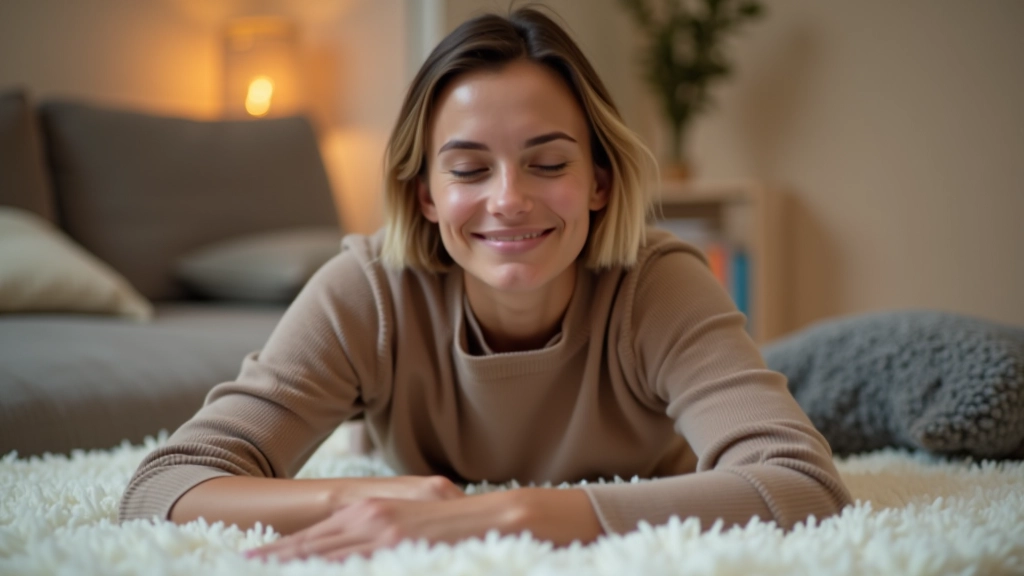 Vrouw doet progressieve spierontspanning oefeningen op zachte tapijt in woonkamer