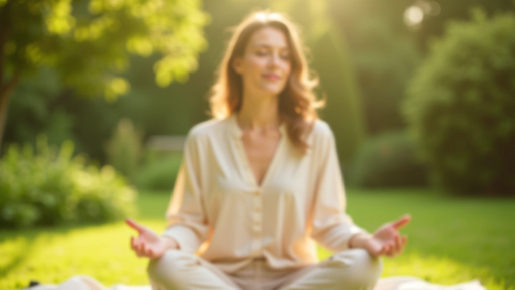Vrouw oefent mindfulness meditatie in rustgevende natuuromgeving met zachte zonlicht