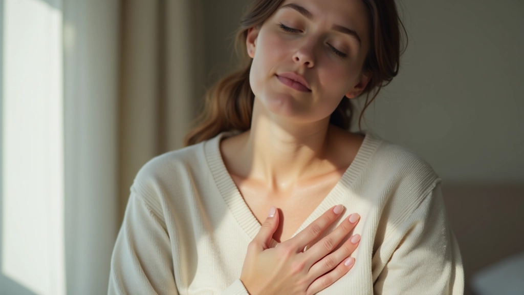 Close-up van vrouw die diep ademt met hand op hart in kalme omgeving