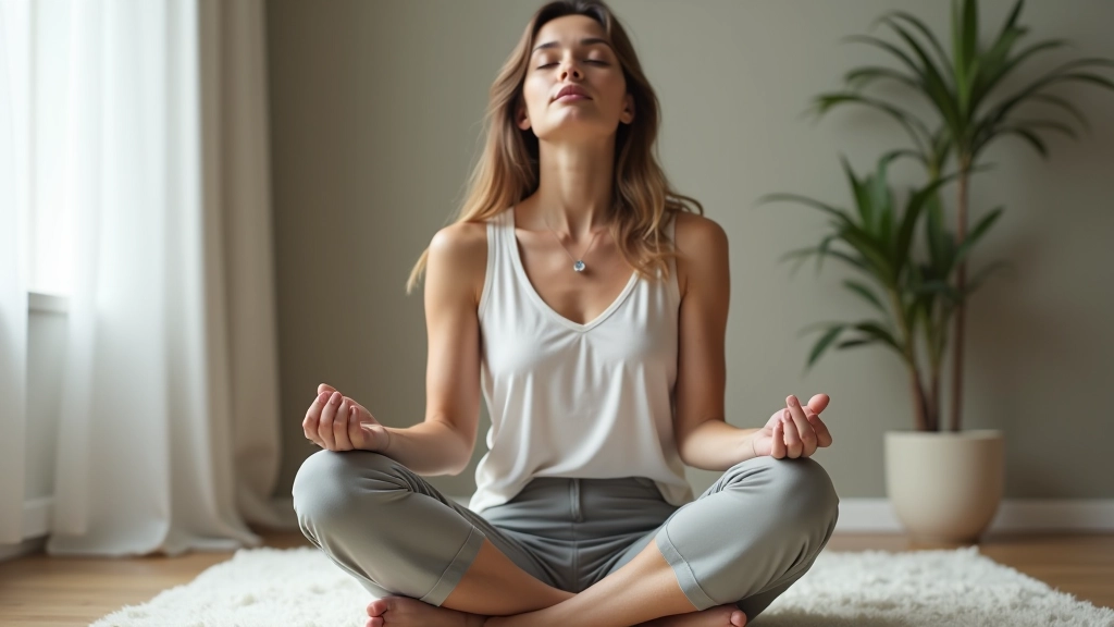 Vrouw die in een rustige thuisomgeving ademhalingsoefening doet met een kalme gezichtsuitdrukking